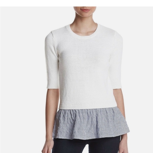 Michael Kors-Contrast Hem Cotton Blend Sweater-White/Blue Stripe-Logo - Picture 1 of 4
